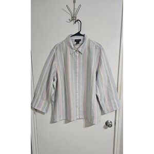 Jones New York Button Down Shirt Womens 3X Linen Stripe Relaxed Lagenlook Pastel
